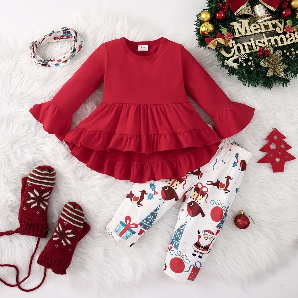 Christmas 3pcs Baby Girl 95% Cotton Long-sleeve Ruffle Hem Top and Allover Print Leggings Pants with Headband Set Rosybrown