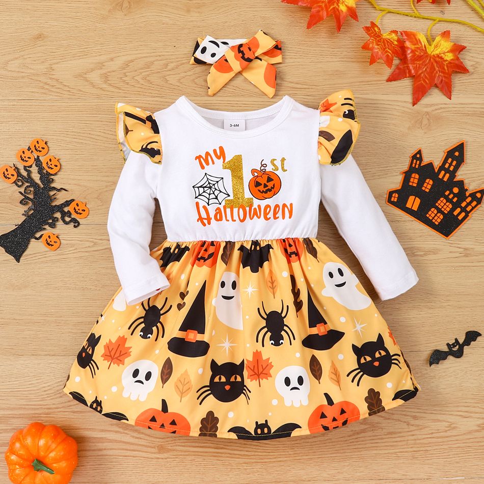 Halloween 2pcs Baby Girl 95% Cotton Long-sleeve Ruffle Trim Letter & Pumpkin Print Spliced Dress with Headband Set Orange