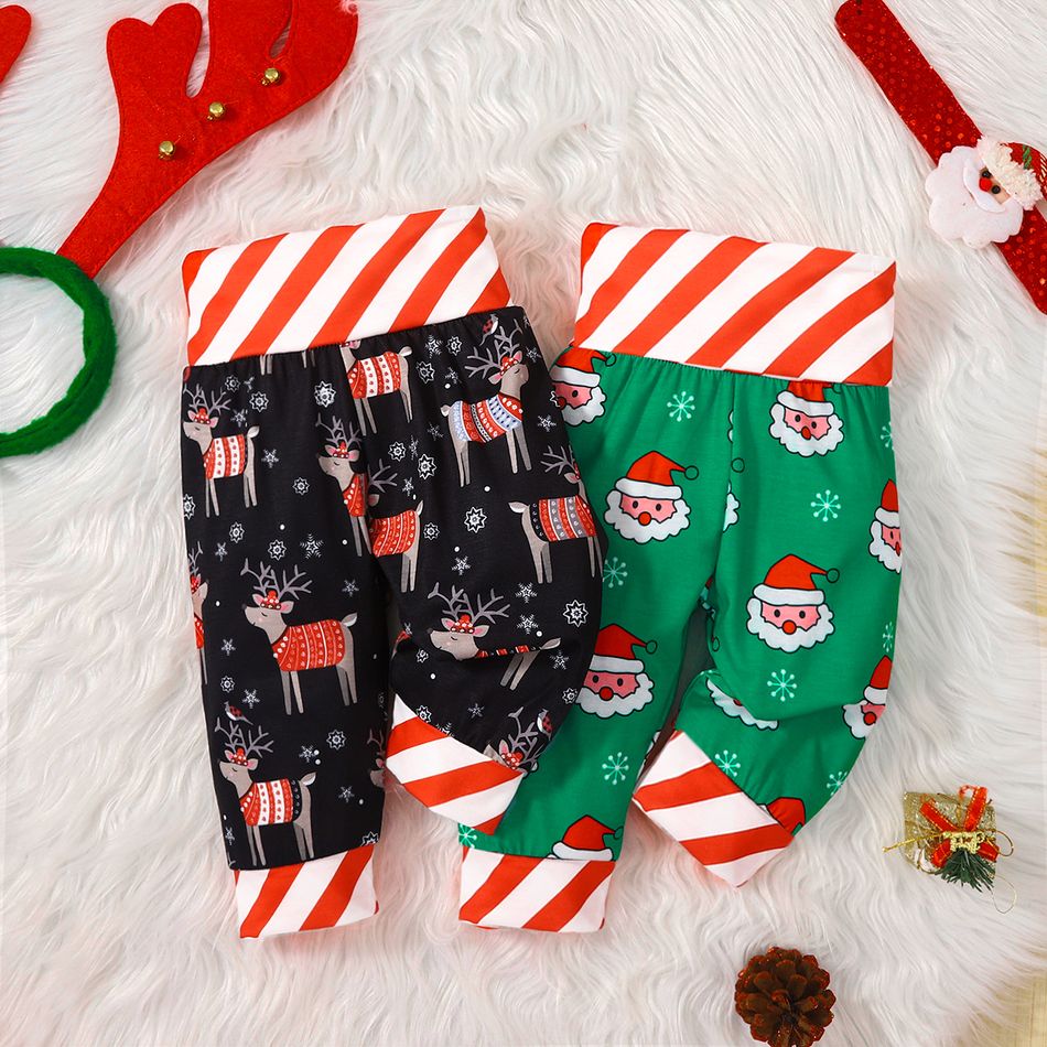 Christmas Baby Boy/Girl Striped Spliced Allover Santa/Deer Print Pants Green big image 2