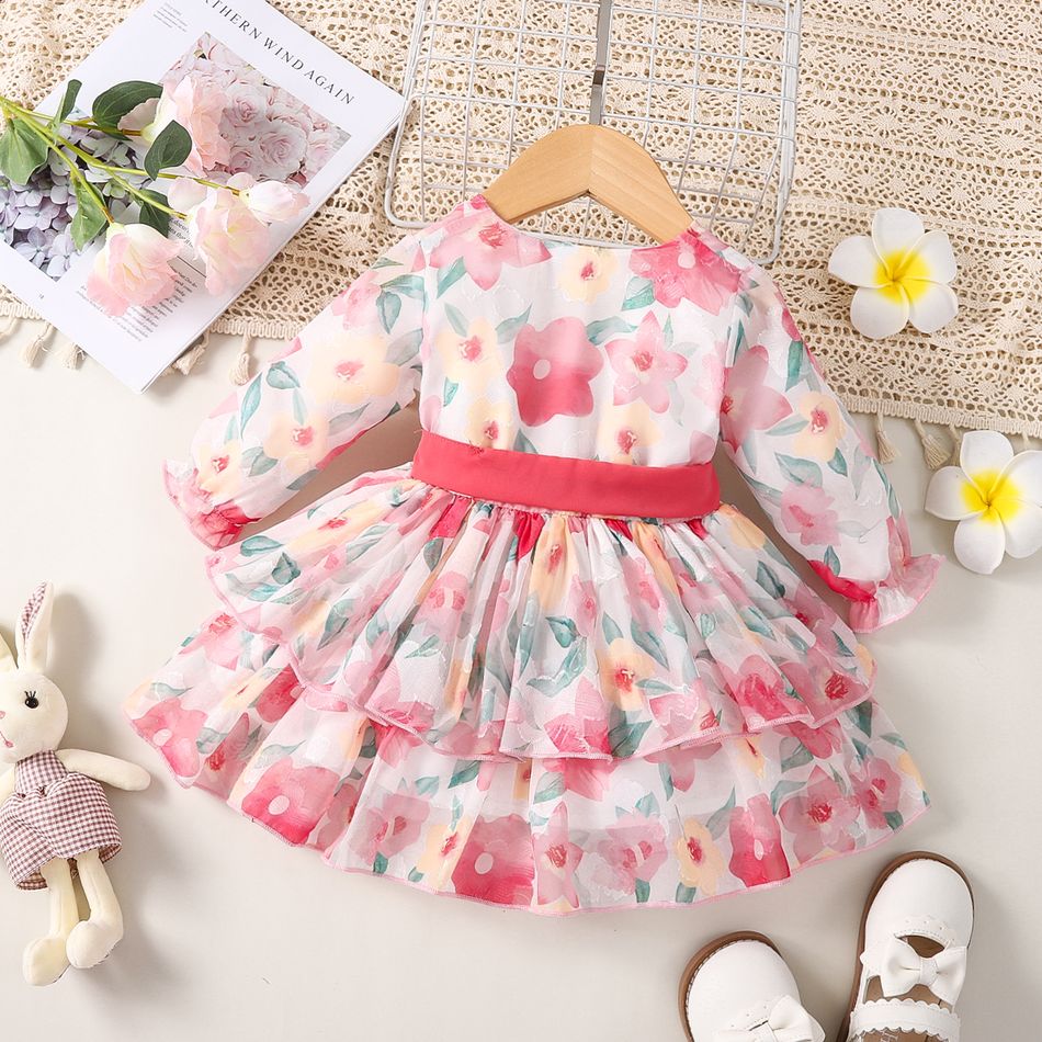 Baby Girl Allover Floral Print Surplice Neck Long-sleeve Belted Layered Dress Pink big image 2