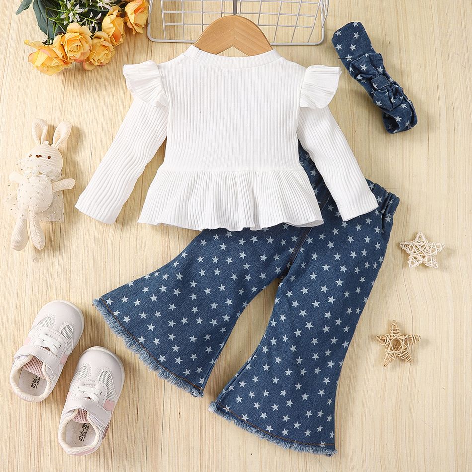 3pcs Baby Girl 100% Cotton Allover Stars Print Flared Jeans and Letter Embroidered Rib Knit Ruffle Trim Long-sleeve Top with Headband Set White big image 2