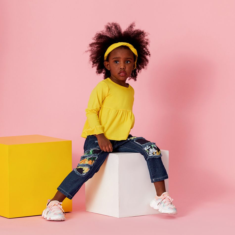 3pcs Toddler Girl Sweet Patchwork Ripped Denim Jeans & Peplum Tee and Headband Set Yellow big image 3