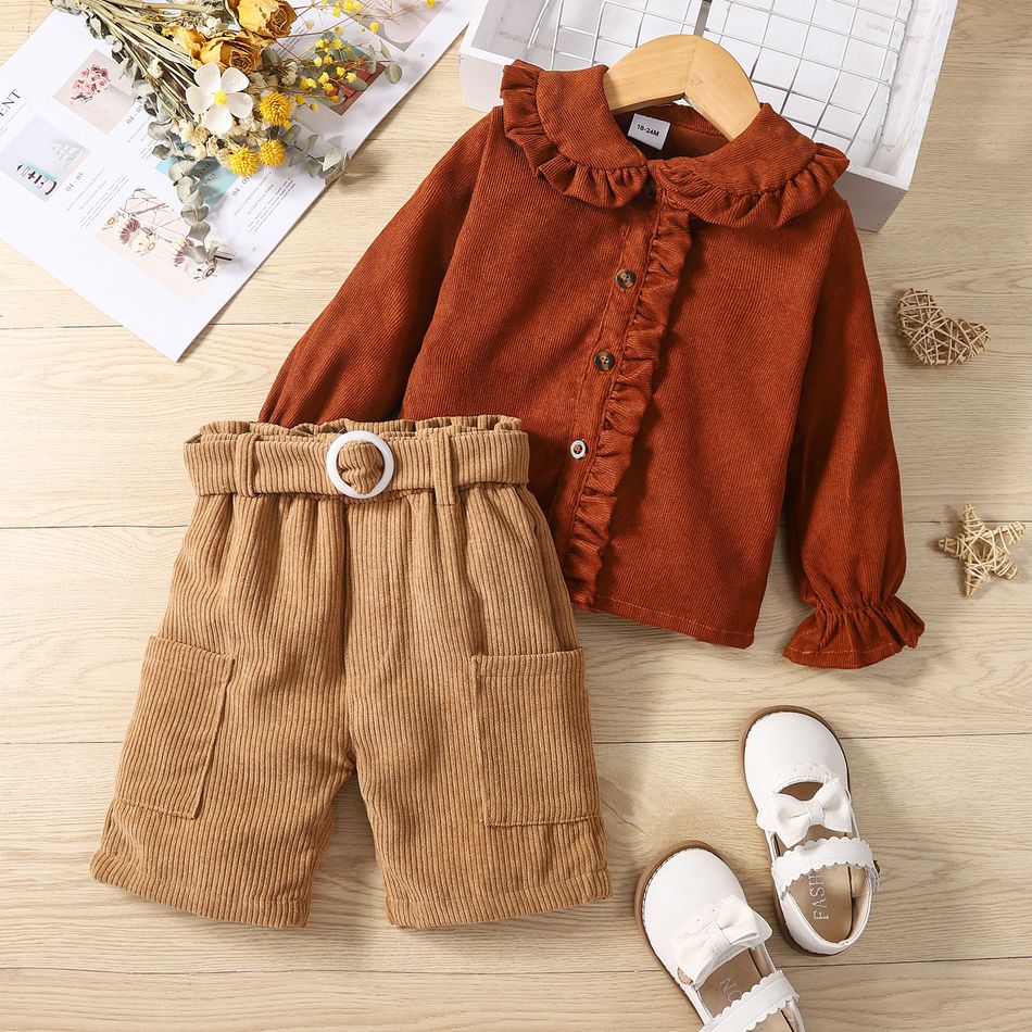 2pcs Toddler Girl Sweet Doll Collar Ruffled Coral Jacket Belted Shorts Set Brown big image 1