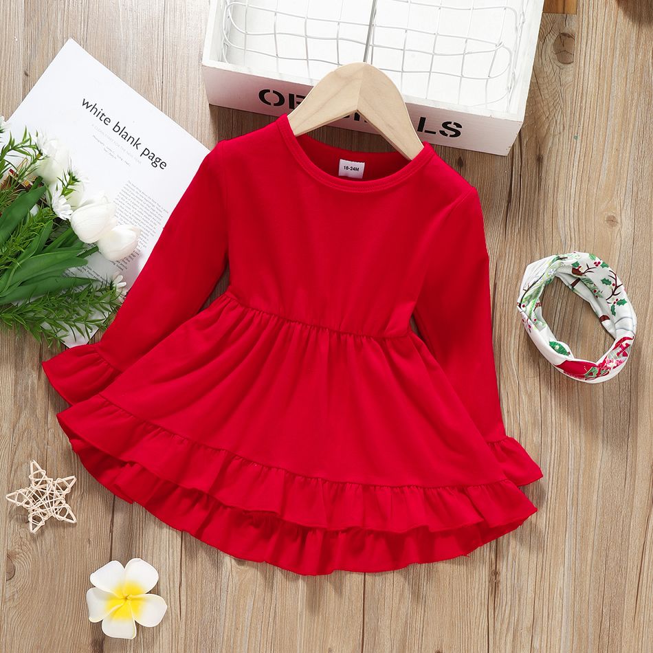3pcs Toddler Girl Christmas Ruffled Bell sleeves Tee & Allover Print Leggings and Scarf Set Red big image 3