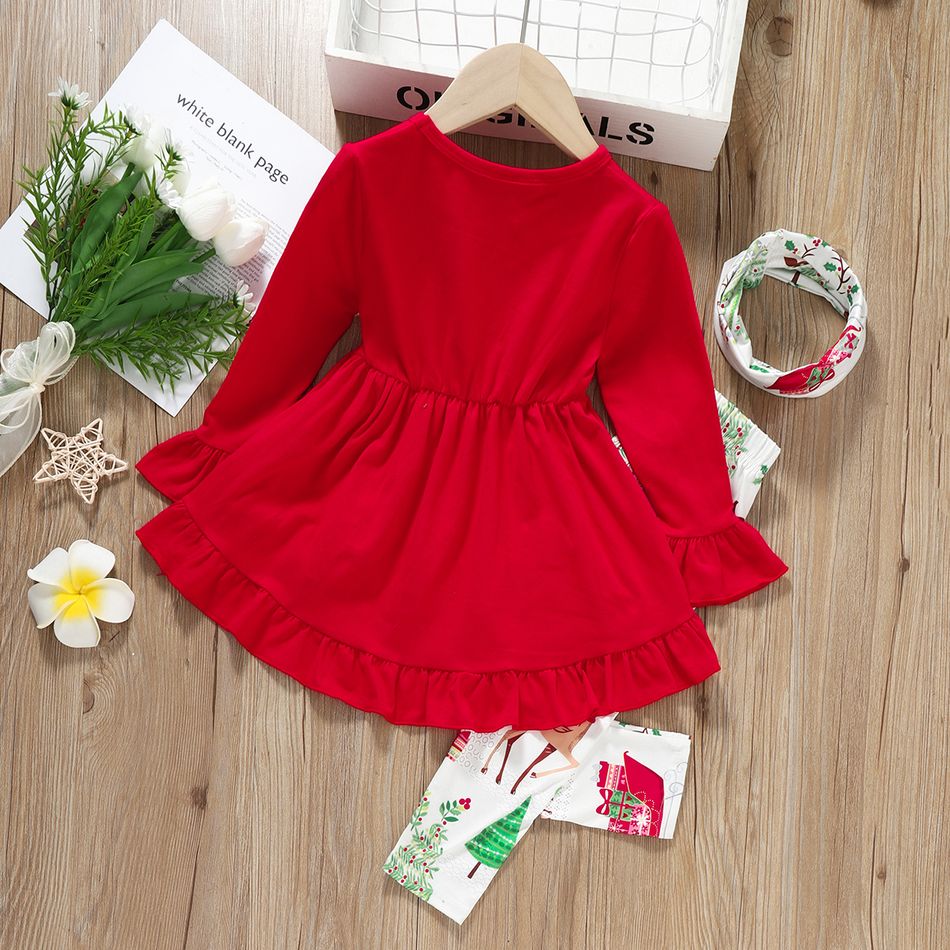 3pcs Toddler Girl Christmas Ruffled Bell sleeves Tee & Allover Print Leggings and Scarf Set Red big image 2