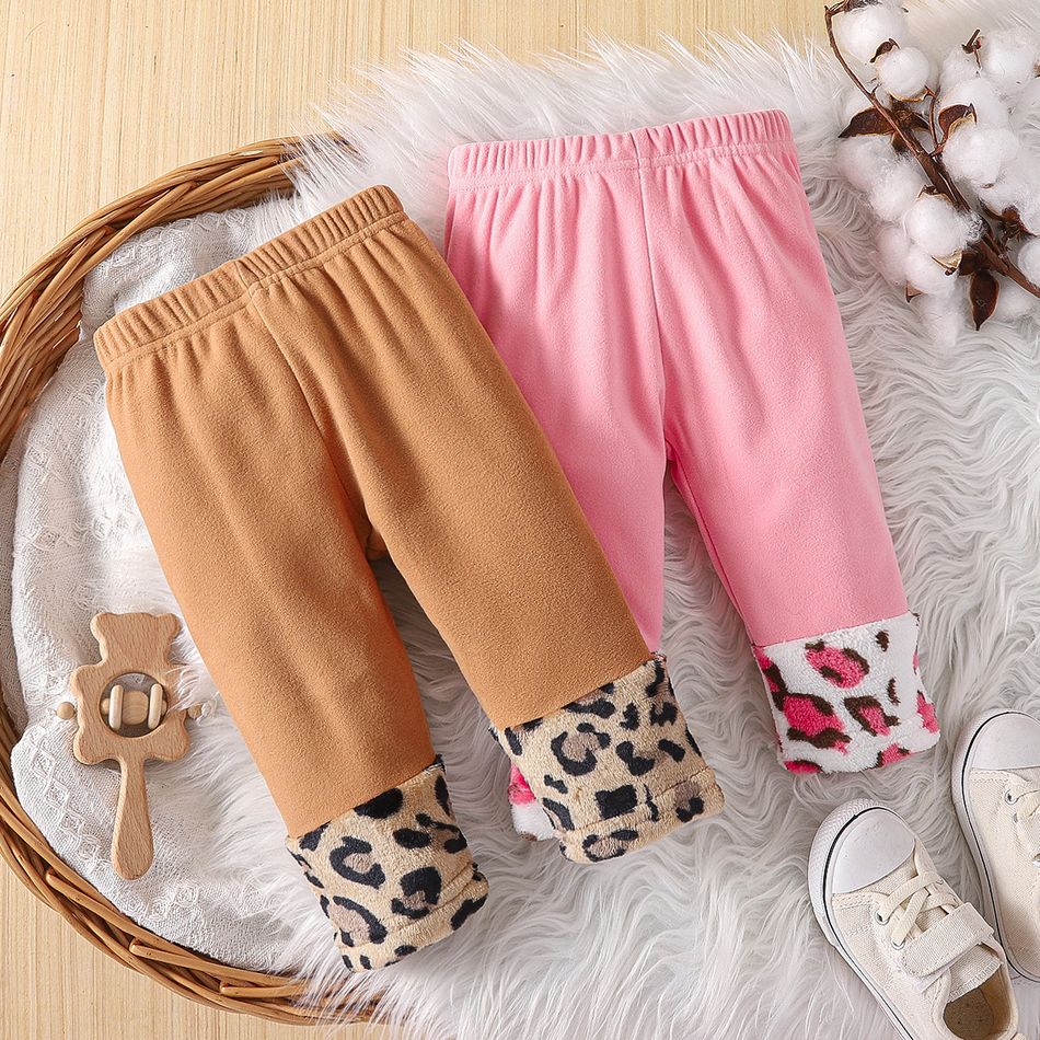 Baby Girl Leopard Spliced Solid Fleece Leggings Pink big image 2