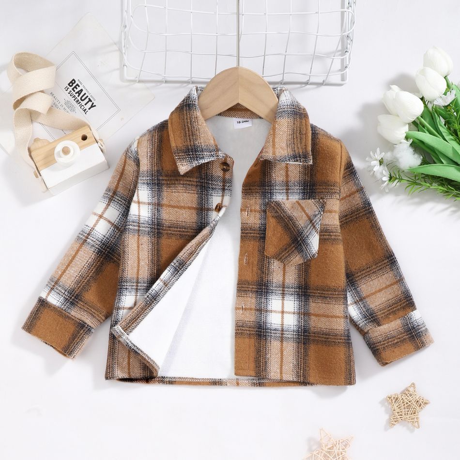 Toddler Boy Trendy Lapel Collar Fleece Plaid Thick Jacket Brown big image 2