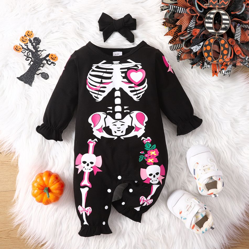 Halloween 2pcs Baby Girl Skeleton Print Black Long-sleeve Jumpsuit with Headband Set Black