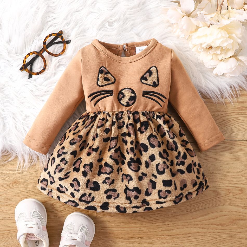 Baby Girl Animal Graphic Embroidered Solid Spliced Leopard Fleece Long-sleeve Dress Brown