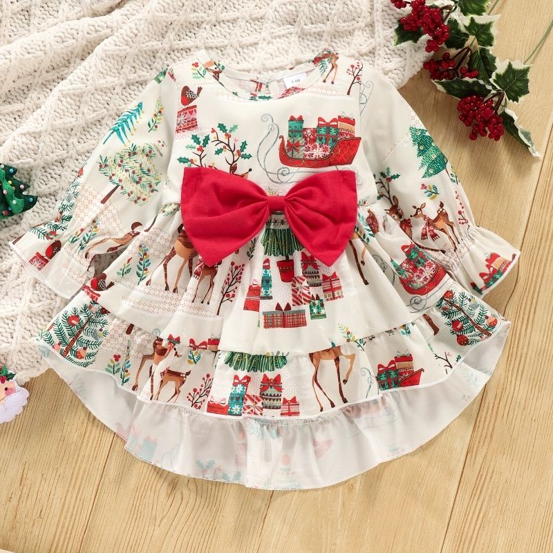 Christmas Baby Girl Bow Front Allover Print Long-sleeve Ruffle Hem Dress Apricot