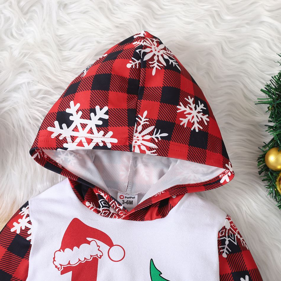 Christmas 2pcs Baby Boy/Girl 95% Cotton Letter Print Spliced Snowflake Graphic Red Plaid Long-sleeve Hoodie and Sweatpants Set Red big image 3