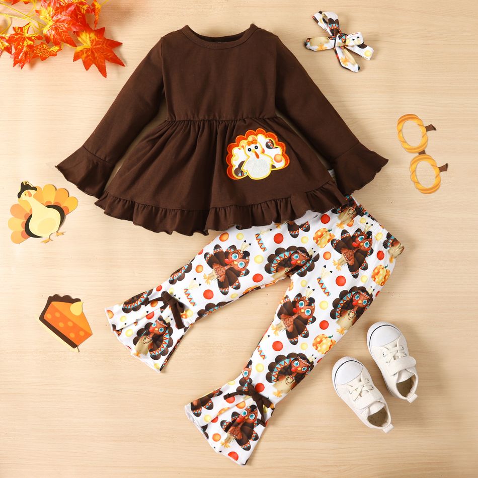 2pcs Toddler Girl Thanksgiving Graphic Embroidered Ruffled Tee and Flared Pants Set Brown
