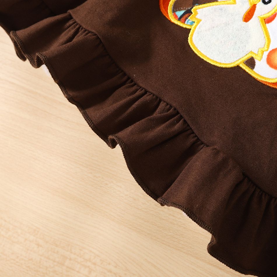 2pcs Toddler Girl Thanksgiving Graphic Embroidered Ruffled Tee and Flared Pants Set Brown big image 5