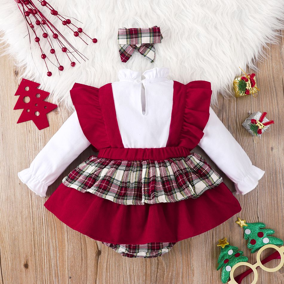 Christmas 2pcs Baby Girl 95% Cotton Long-sleeve Red Plaid Ruffle Trim Romper with Headband Set Red big image 2