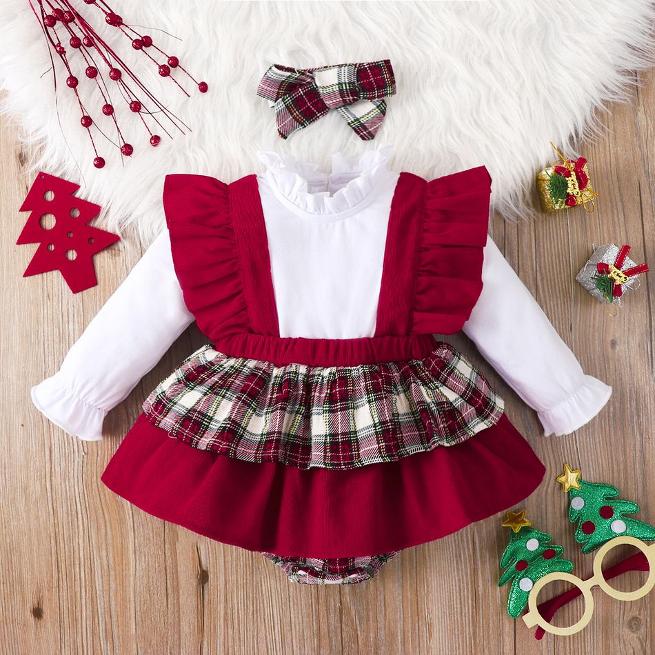 Christmas 2pcs Baby Girl 95% Cotton Long-sleeve Red Plaid Ruffle Trim Romper with Headband Set Red