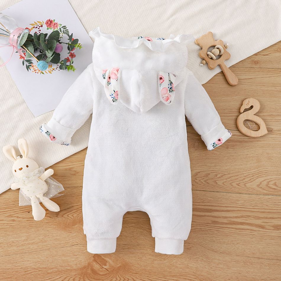 Baby Girl Fox Embroidered 3D Ears Hooded Long-sleeve Thermal Fuzzy Jumpsuit White big image 2