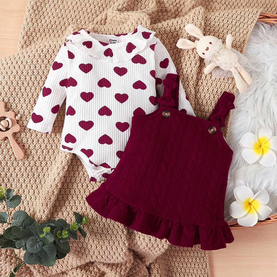 2pcs Baby Girl 95% Cotton Rib Knit Allover Heart Print Ruffle Collar Long-sleeve Romper and Sold Textured Overall Dress Set Burgundy