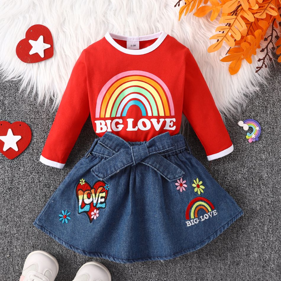 2pcs Baby Girl 95% Cotton Long-sleeve Rainbow & Letter Print Romper and Embroidered Skirt Set Red big image 2