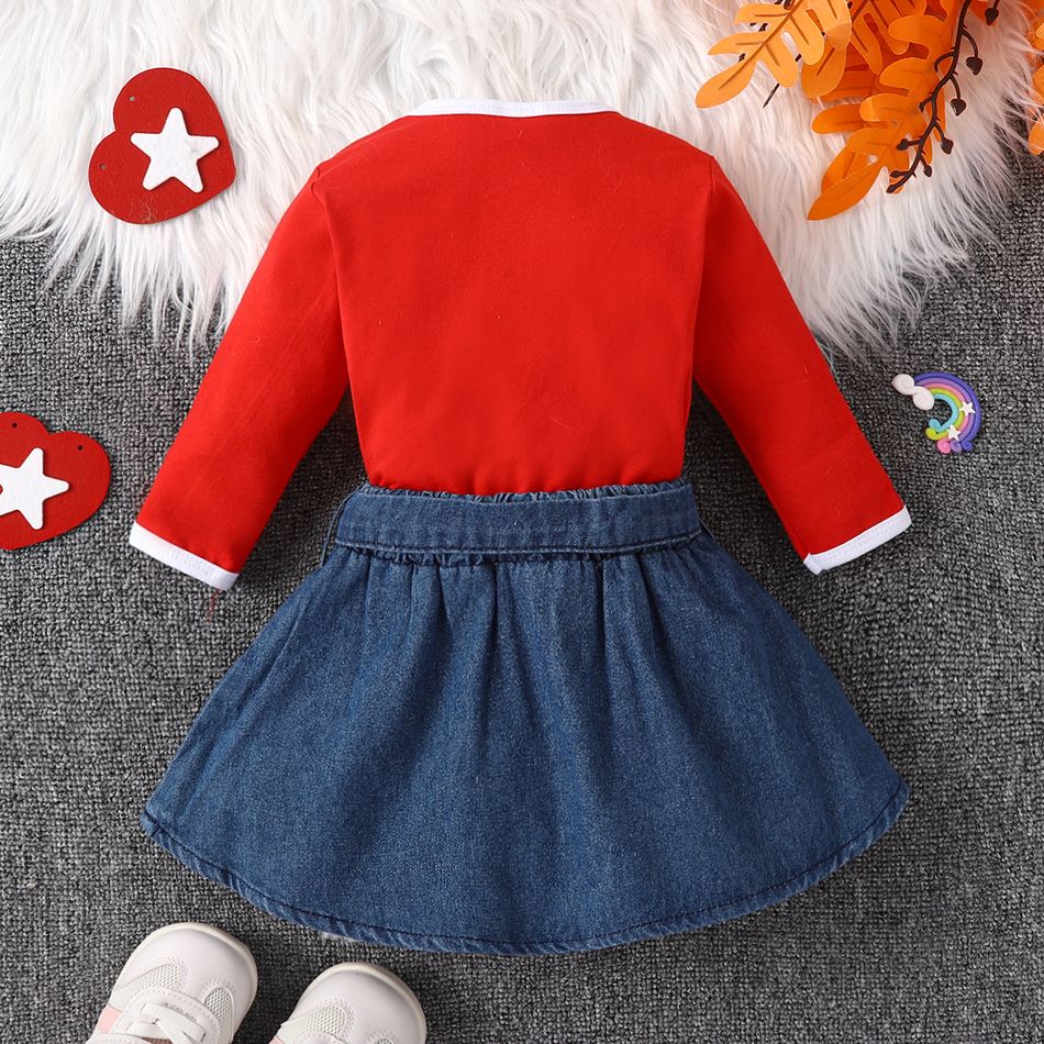 2pcs Baby Girl 95% Cotton Long-sleeve Rainbow & Letter Print Romper and Embroidered Skirt Set Red big image 3