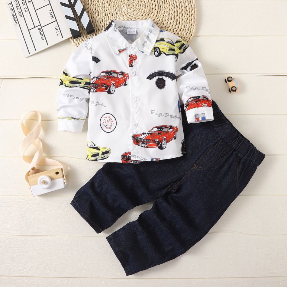 2pcs Toddler Boy Playful Denim Jeans and Car Print Shirt Set White