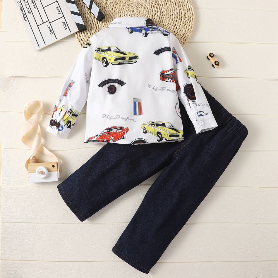 2pcs Toddler Boy Playful Denim Jeans and Car Print Shirt Set White big image 2