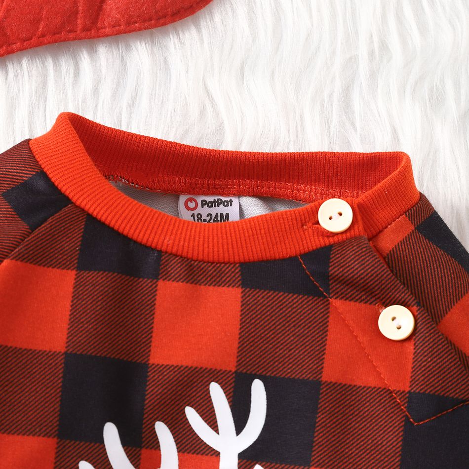 Toddler Boy Christmas Deer Pattern Plaid Button Design Sweatshirt redblack big image 3