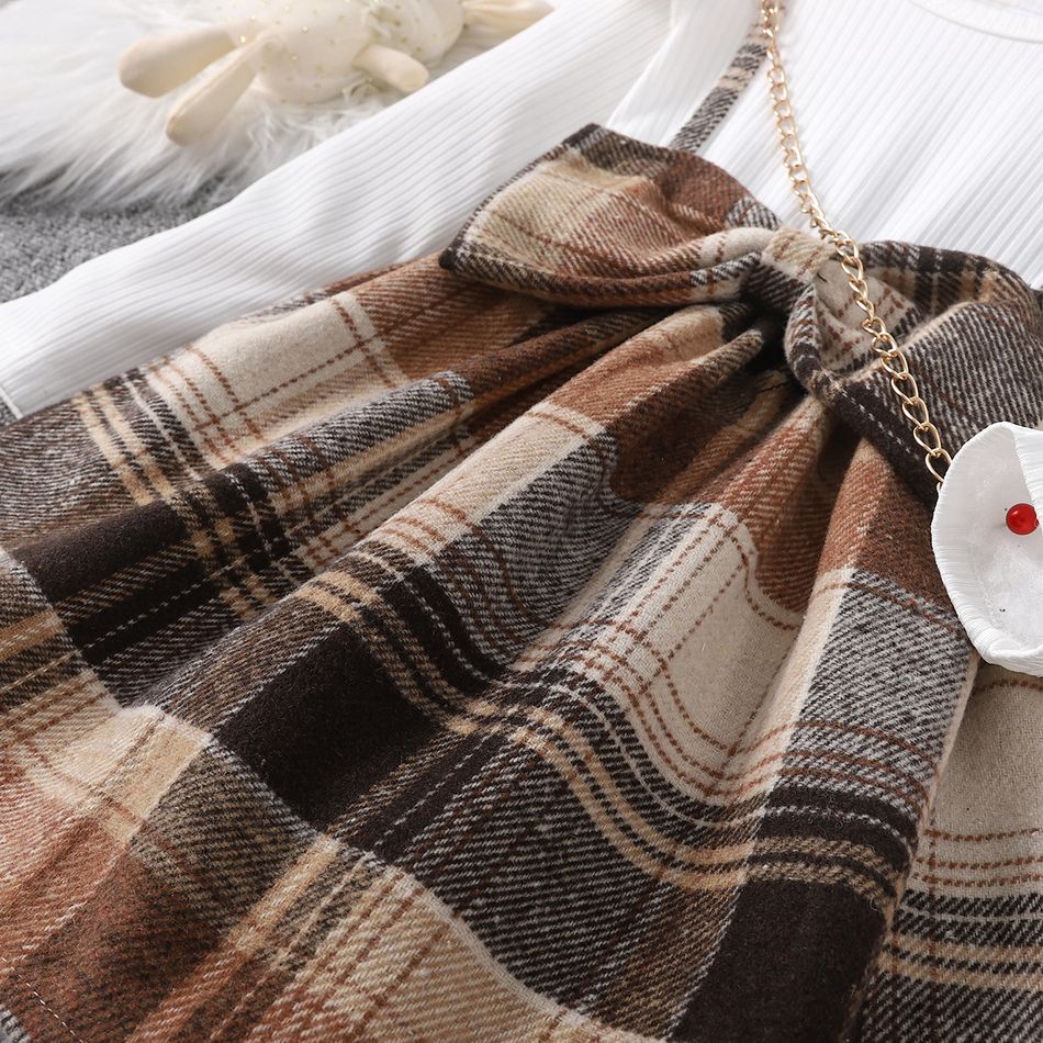 2pcs Toddler Girl Sweet Faux-two Bowknot Design Plaid Long-sleeve Dress and Headband Beige big image 5