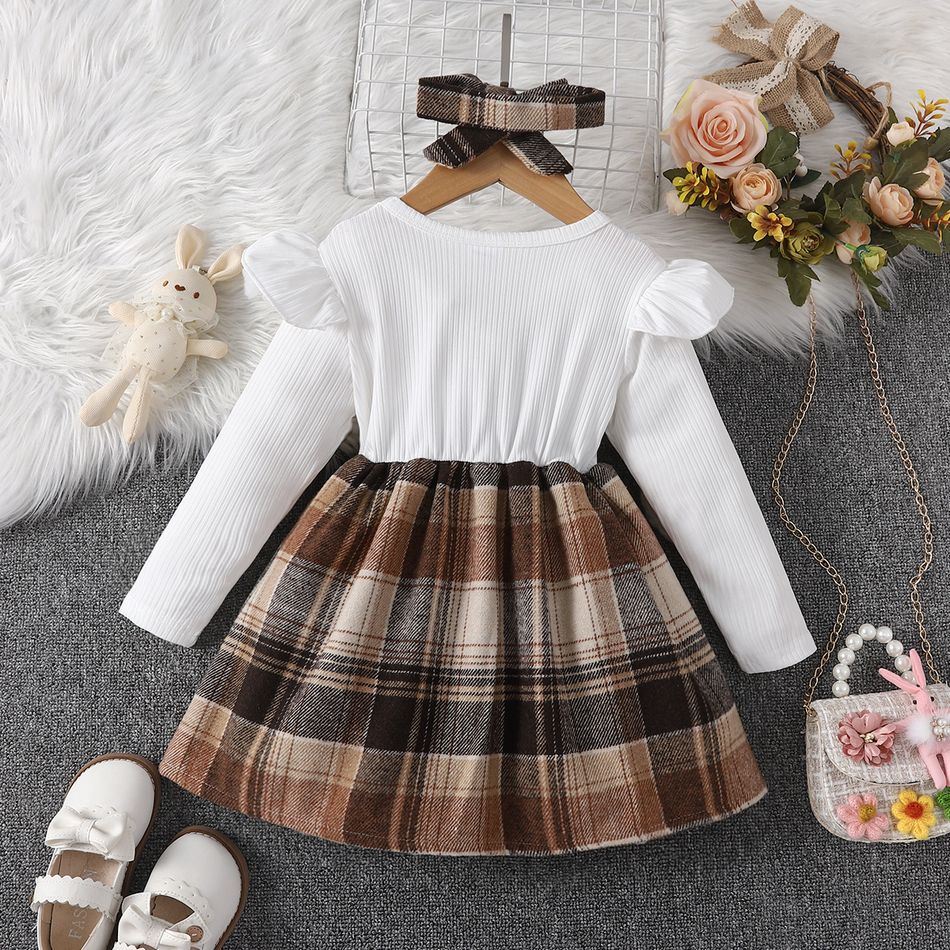 2pcs Toddler Girl Sweet Faux-two Bowknot Design Plaid Long-sleeve Dress and Headband Beige big image 2