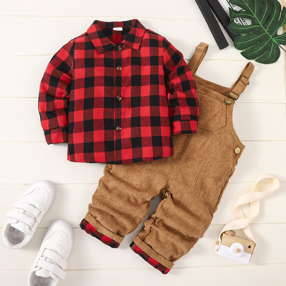 2pcs Toddler Boy Classic Plaid Shirt and Adjustable Corduroy Overalls Set redblack big image 2