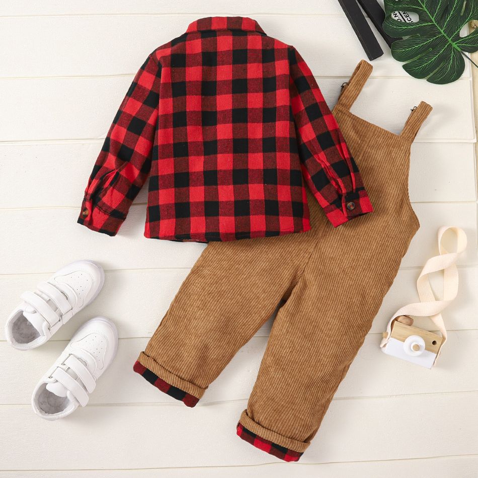 2pcs Toddler Boy Classic Plaid Shirt and Adjustable Corduroy Overalls Set redblack big image 3
