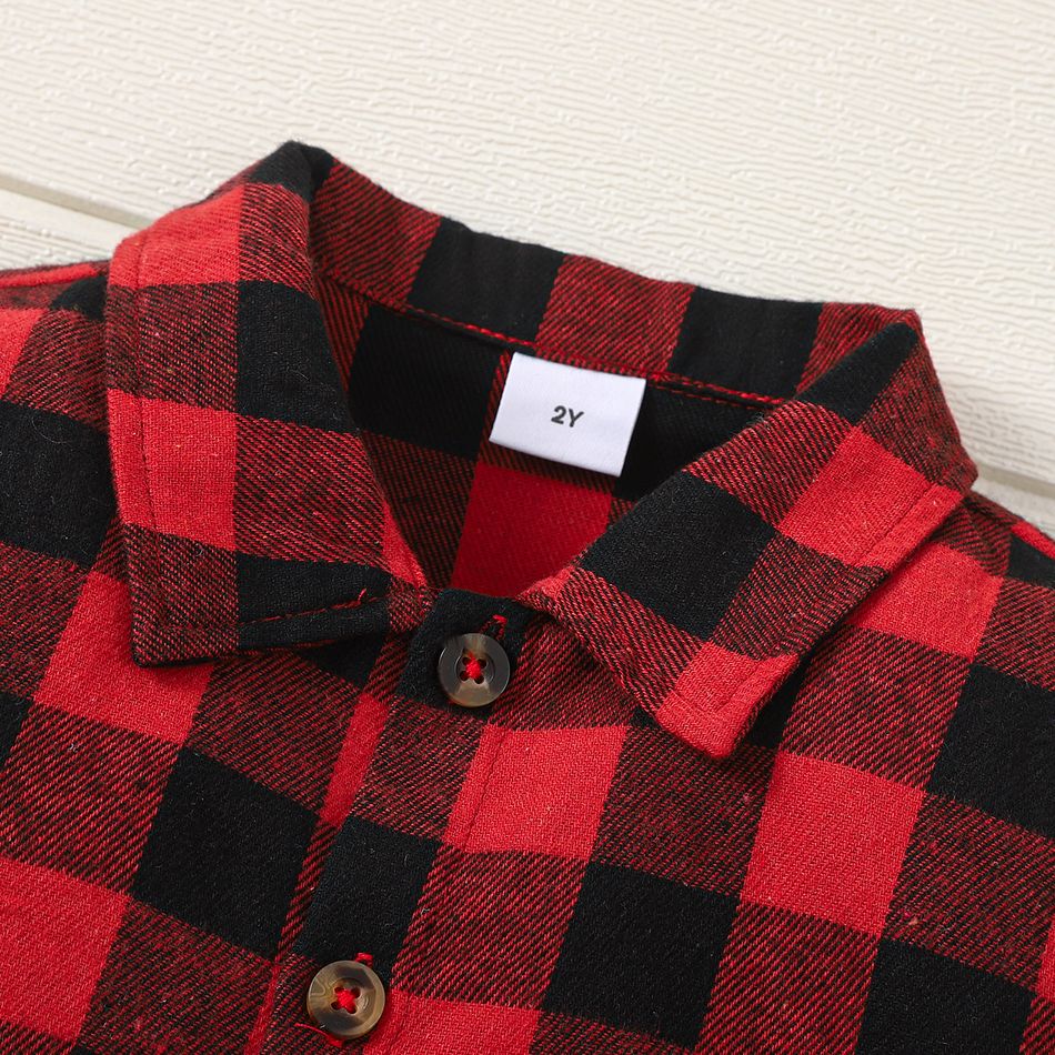 2pcs Toddler Boy Classic Plaid Shirt and Adjustable Corduroy Overalls Set redblack big image 6