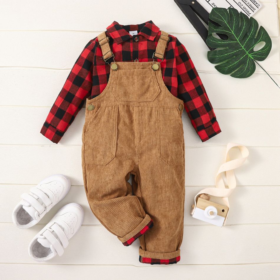 2pcs Toddler Boy Classic Plaid Shirt and Adjustable Corduroy Overalls Set redblack big image 1