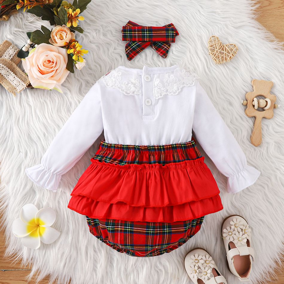 2pcs Baby Girl 95% Cotton Long-sleeve Lace Collar Red Plaid Ruffle Trim Bow Front Romper with Headband Set Red big image 2