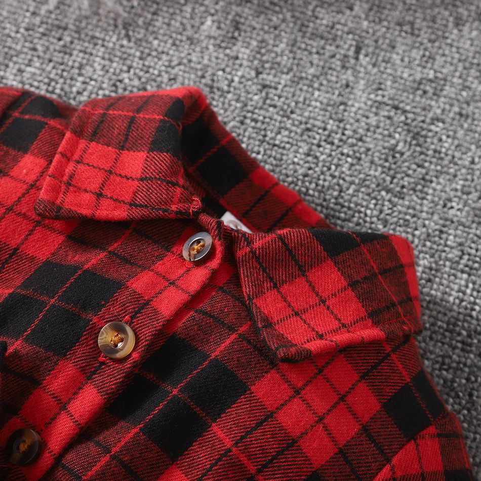 Baby Girl Red Plaid Long-sleeve Belted Button Dress Red big image 3
