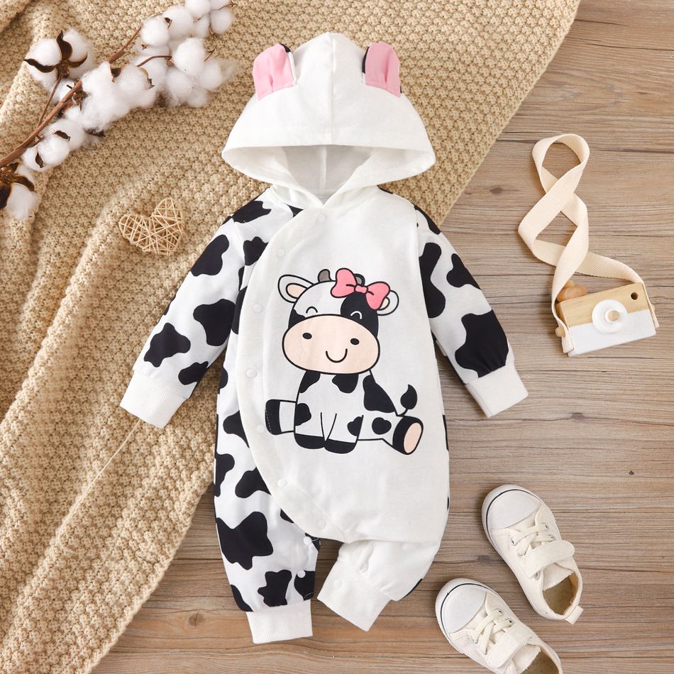 Baby Girl Cow Print 3D Ears Hooded Long-sleeve Button Jumpsuit BlackandWhite