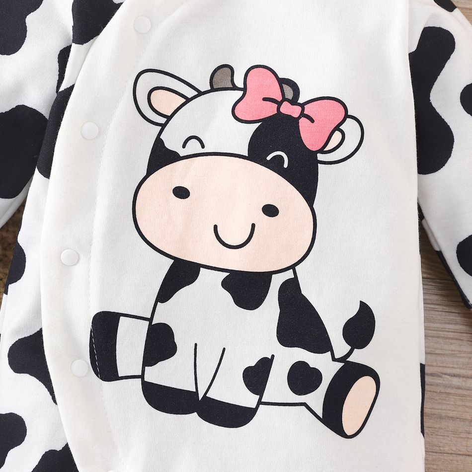 Baby Girl Cow Print 3D Ears Hooded Long-sleeve Button Jumpsuit BlackandWhite big image 3