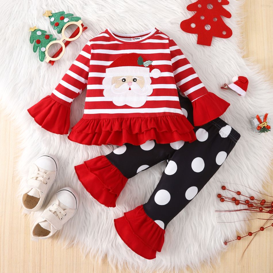 Christmas 2pcs Baby Girl 95% Cotton Long-sleeve Santa Embroidered Ruffle Trim Striped Top and Polka Dot Flared Pants Set Red big image 1