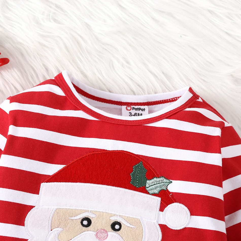 Christmas 2pcs Baby Girl 95% Cotton Long-sleeve Santa Embroidered Ruffle Trim Striped Top and Polka Dot Flared Pants Set Red big image 3
