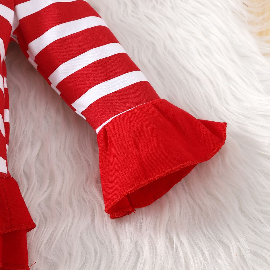 Christmas 2pcs Baby Girl 95% Cotton Long-sleeve Santa Embroidered Ruffle Trim Striped Top and Polka Dot Flared Pants Set Red big image 5