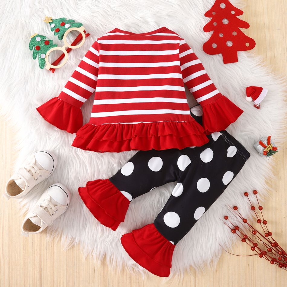 Christmas 2pcs Baby Girl 95% Cotton Long-sleeve Santa Embroidered Ruffle Trim Striped Top and Polka Dot Flared Pants Set Red big image 2