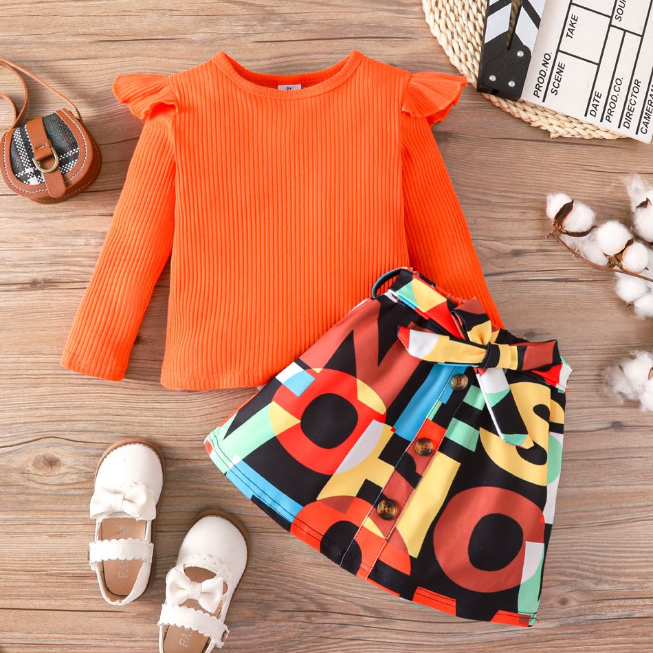2pcs Toddler Girl Trendy Ribbed Ruffled Tee and Letter Print Skirt Set Orange big image 2