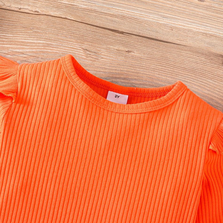 2pcs Toddler Girl Trendy Ribbed Ruffled Tee and Letter Print Skirt Set Orange big image 4