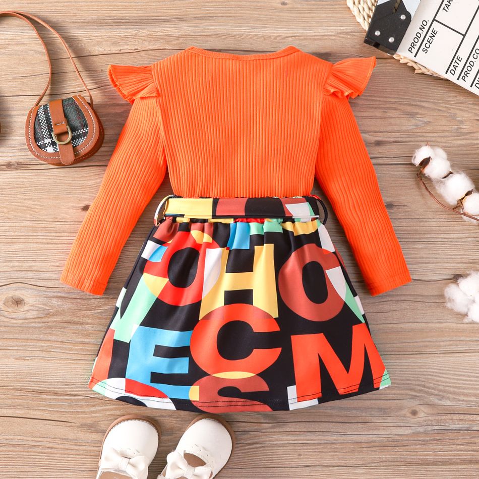 2pcs Toddler Girl Trendy Ribbed Ruffled Tee and Letter Print Skirt Set Orange big image 3