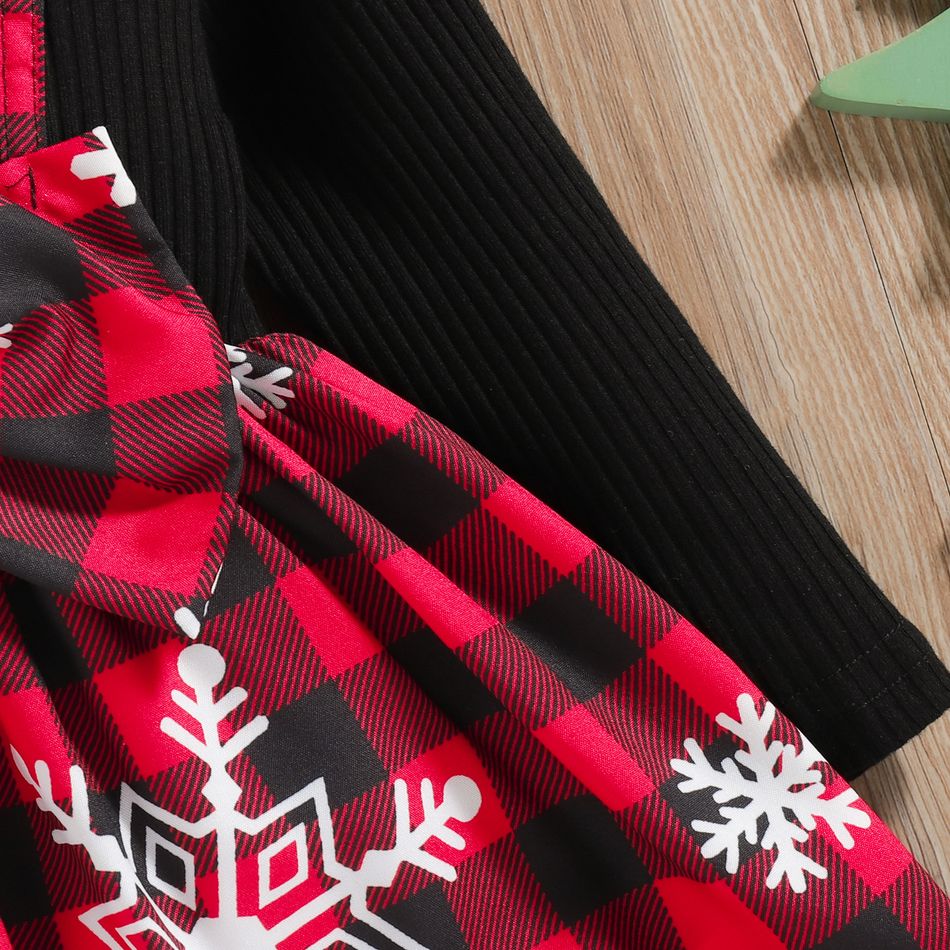 Christmas 2pcs Baby Girl 95% Cotton Rib Knit Spliced Snowflake Print Red Plaid Bow Front Long-sleeve Dress with Headband Set Black big image 5