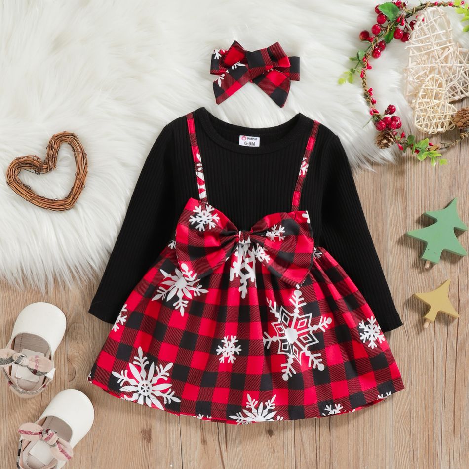 Christmas 2pcs Baby Girl 95% Cotton Rib Knit Spliced Snowflake Print Red Plaid Bow Front Long-sleeve Dress with Headband Set Black big image 2