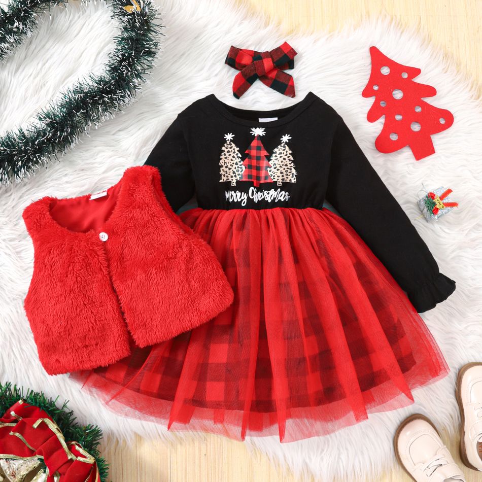 2pcs Toddler Girl Christmas Plaid Mesh Splice Dress and Fuzzy Vest Set redblack big image 1