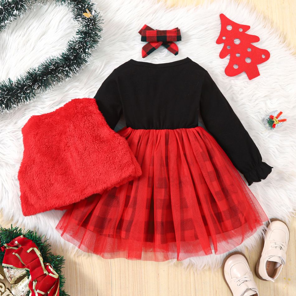 2pcs Toddler Girl Christmas Plaid Mesh Splice Dress and Fuzzy Vest Set redblack big image 2