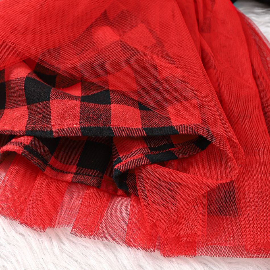 2pcs Toddler Girl Christmas Plaid Mesh Splice Dress and Fuzzy Vest Set redblack big image 6