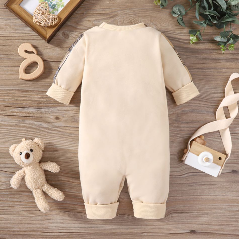 Baby Boy/Girl Plaid Bear & Letter Embroidered Long-sleeve Jumpsuit LightApricot big image 2