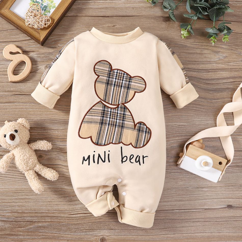 Baby Boy/Girl Plaid Bear & Letter Embroidered Long-sleeve Jumpsuit LightApricot big image 1